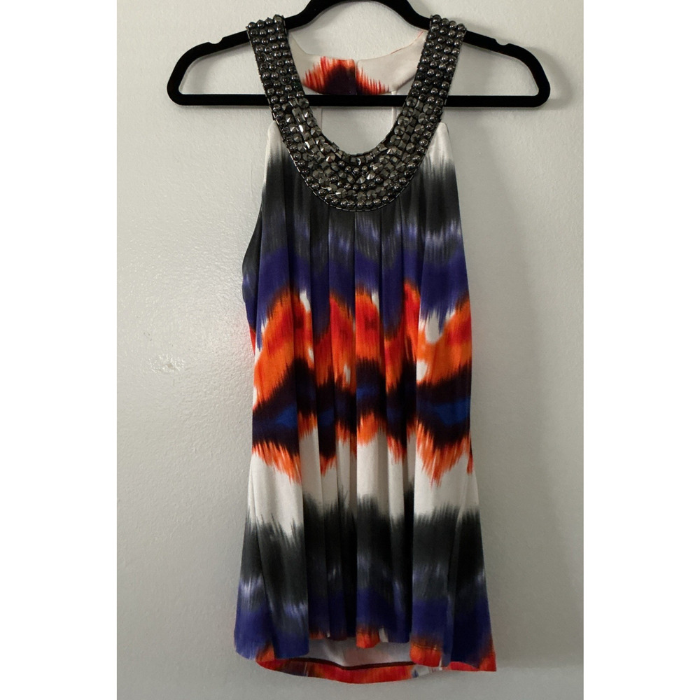 Boston Proper Sleeveless Top Small Beaded Stud Embellished Neck Colorful Party